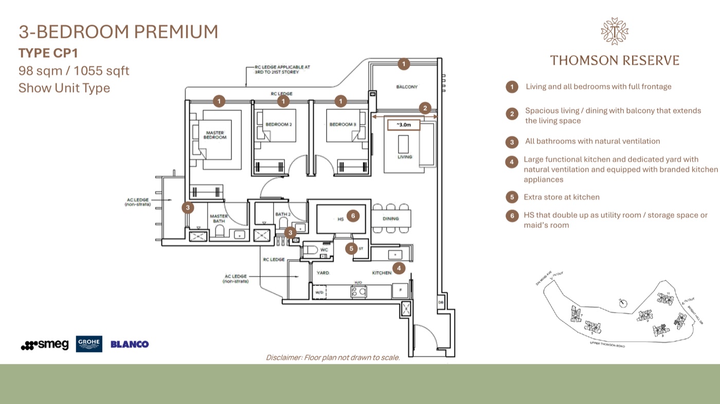 Thomson Reserve 3 Bedroom Premium floor plan — Type CP1, 98 sqm / 1055 sqft