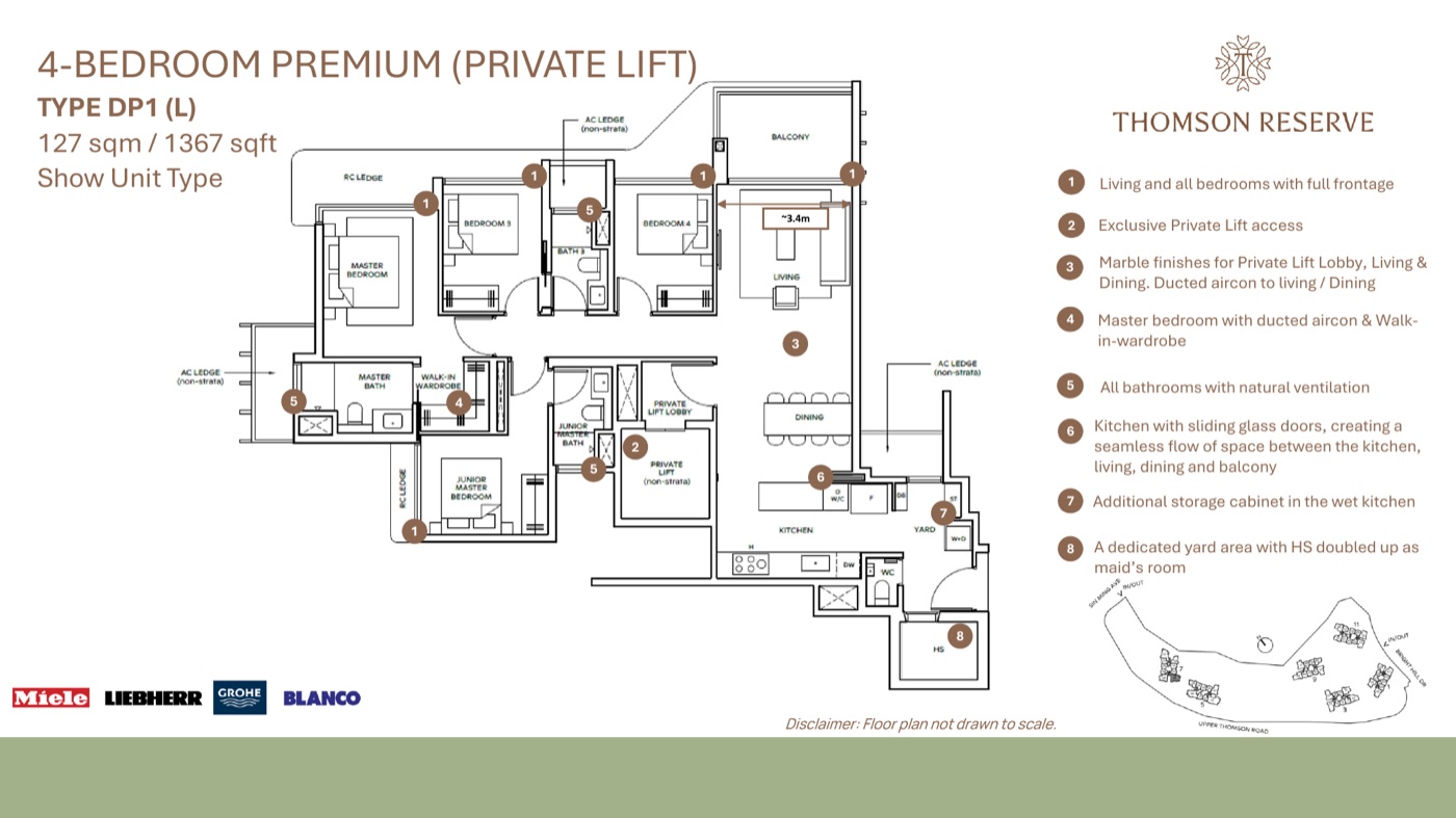 Thomson Reserve 4 Bedroom Premium with private lift floor plan — Type DP1, 127 sqm / 1367 sqft