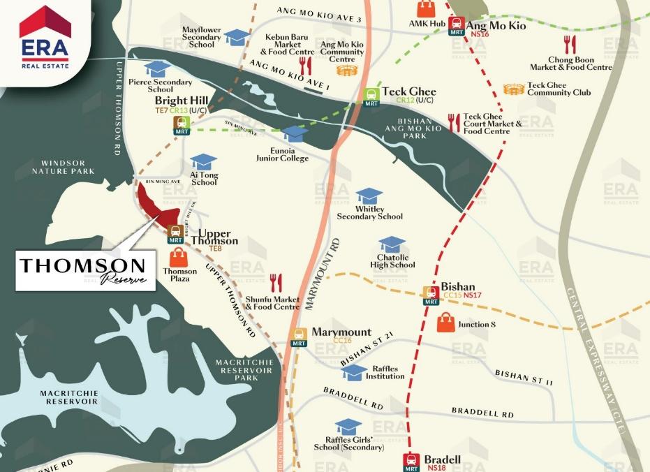 Thomson Reserve neighbourhood map — schools, MRT and amenities around Bright Hill Drive, District 20